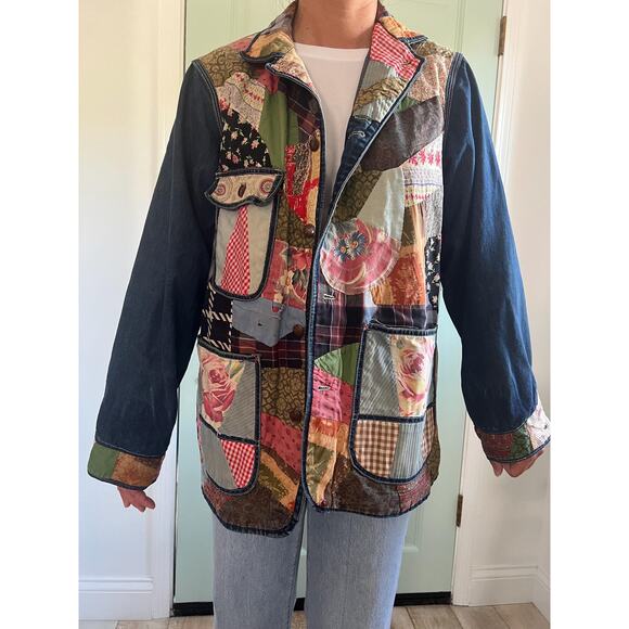 Vintage Denim Patchwork Jacket – Boho Quilted Utility Coat with Mixed Prints - Picture 8 of 10